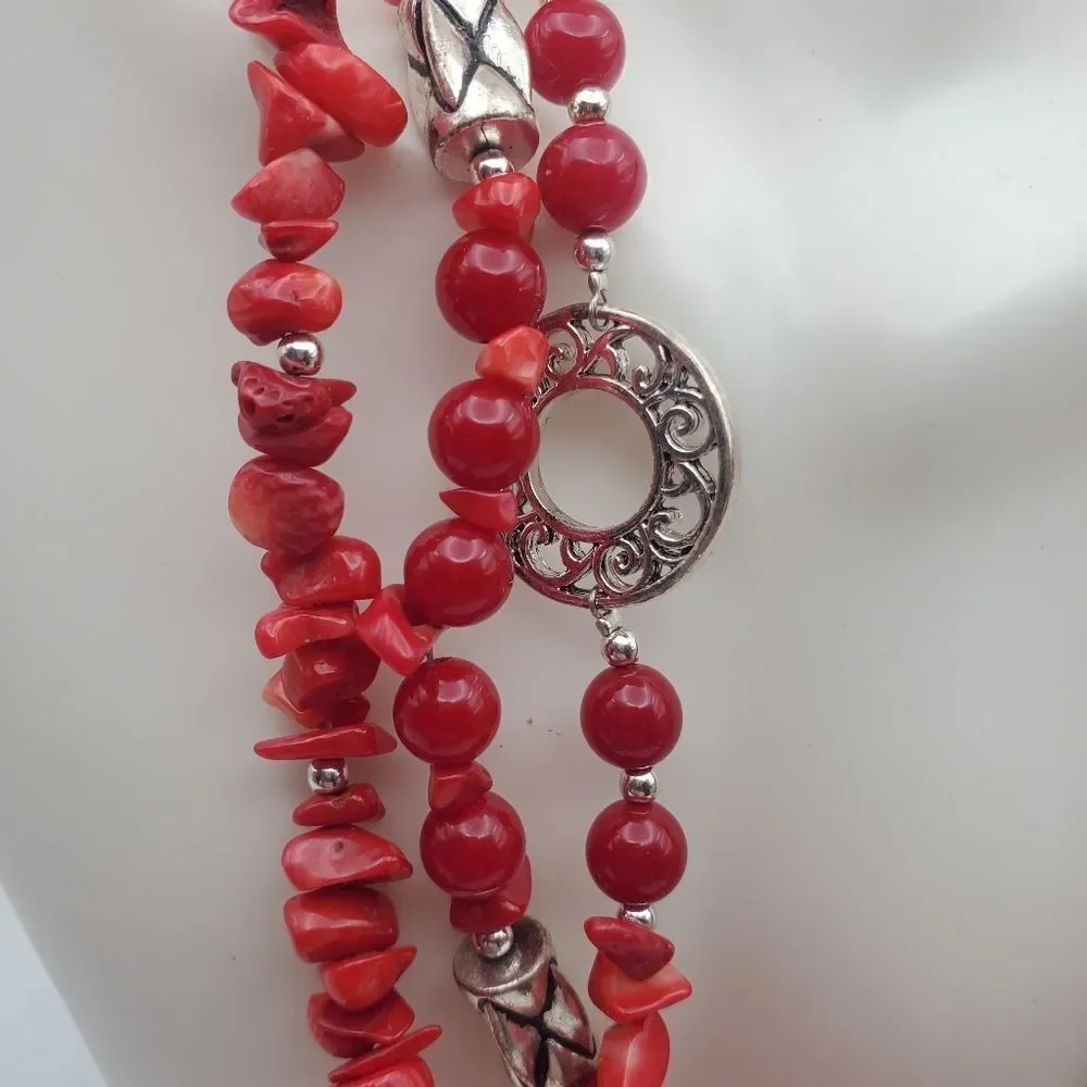 Multi strand red Coral beaded dinner‎ date night necklace bohemian boho